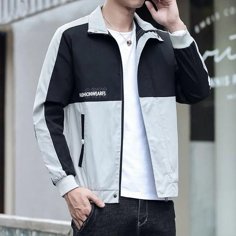 Spring and Autumn Men's Jacket Stand Collar Coat Colorblock Printing Top Trend Simple Bomber Jacket Zipper Sportwear