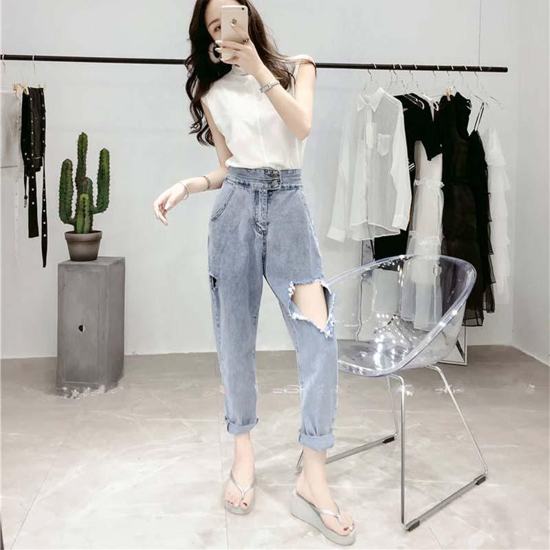 WTEMPO Hole Jeans Were Thin Female Loose Women Were Thin Straight Pants High Waist Nine Points Pants