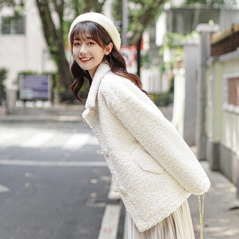 White Sweet Faux Lamb Wool Jacket Women Plus Velvet Thick Autumn and Winter Loose Sweater Warm Cardigan Jacket Casual Jacket