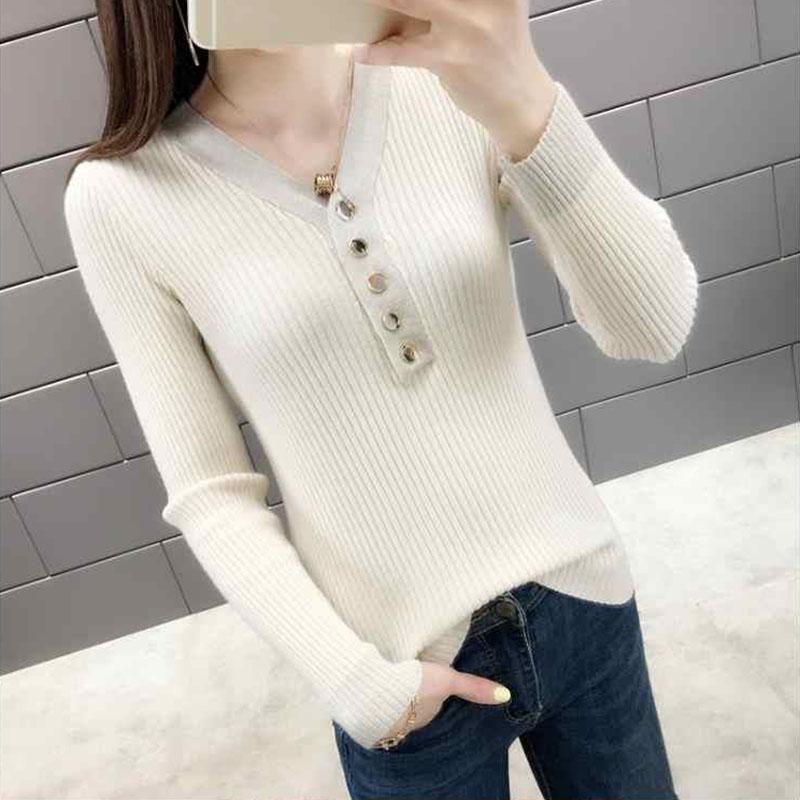 Autumn and Winter V-neck Knitted Bottoming Shirt, Short Long-sleeved Inner Sweater, Fashionable and Simple Female Top
