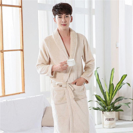 Autumn and Winter Men's Bathrobes Pure Color Simple Flannel Nightgown Coral Fleece Thickened Long-sleeved Pajamas Home Service Bathrobe
