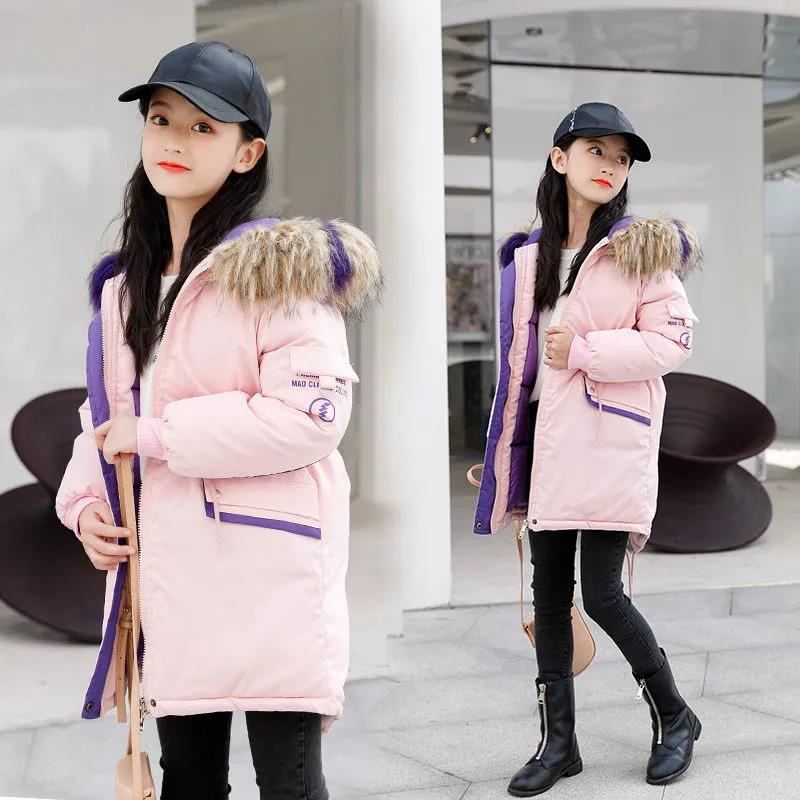 Girls' Autumn and Winter Clothes Windproof and Warm Cotton Clothes Mid-length Thick Coat