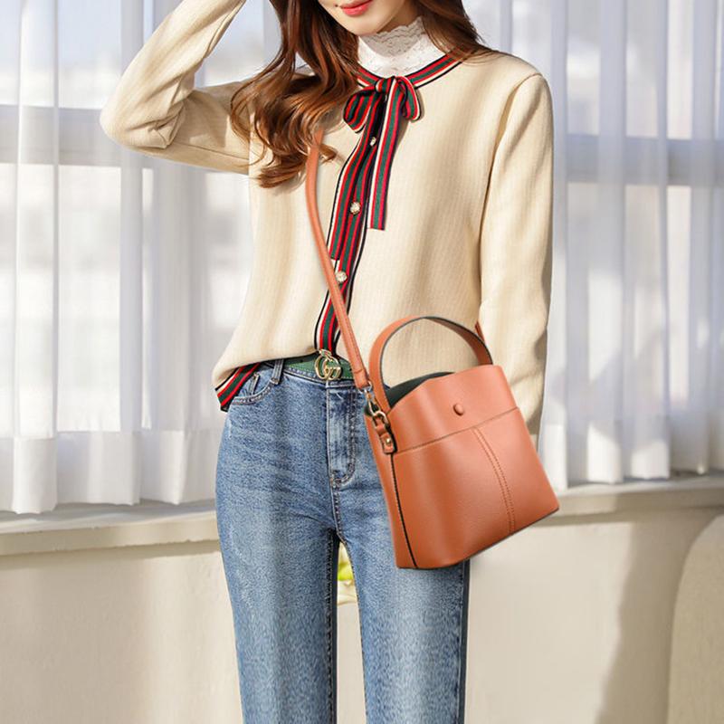 Real Cowhide Women Bucket Bag Casual Female Handbag Portable Multi-Layer Large Capacity Soft Surface 5 Colors