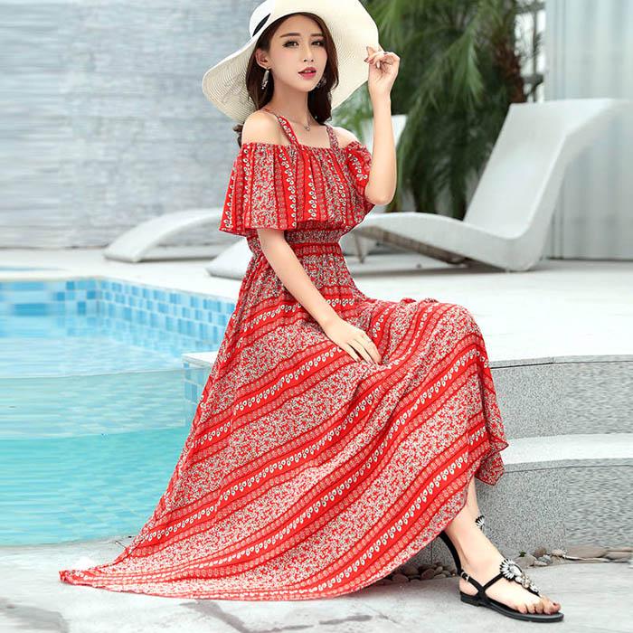 Pofulove Women Plus Size Sexy Off Shoulder Strap Dress Long A-line Sun-dresses Bohemian Beach Dress
