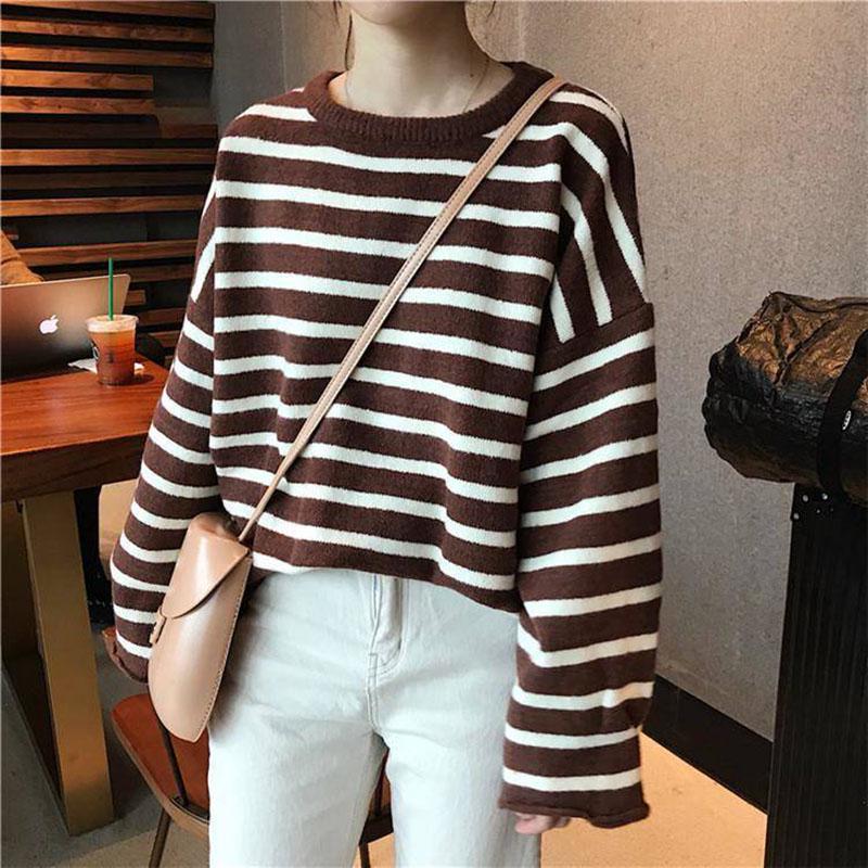Color Striped Loose Striped Stretch Sweater Long Sleeve Round Neck Mesh Sweater Women