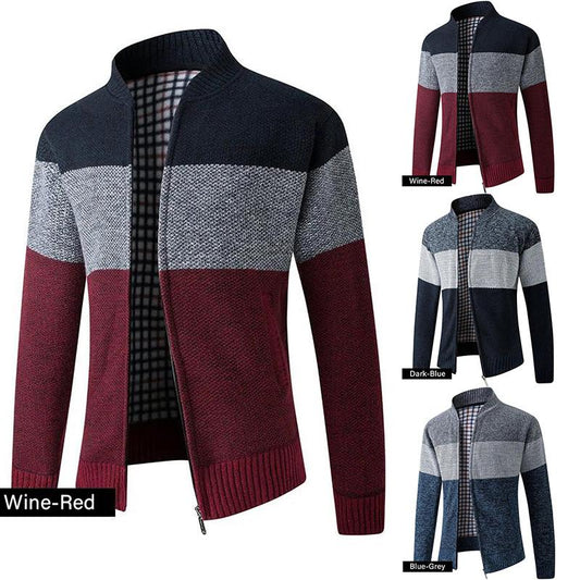 Autumn and Winter Stand-up Collar Sweater Zipper Cardigan Color-blocking Shirt Plus Velvet Thick Warm Sweater Loose Casual Men's Jacket