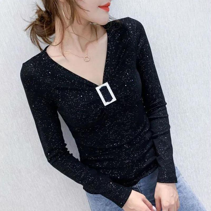 Women's Spring and Autumn Solid Color Long Sleeve Bottoming Shirt V-Neck Slim Top