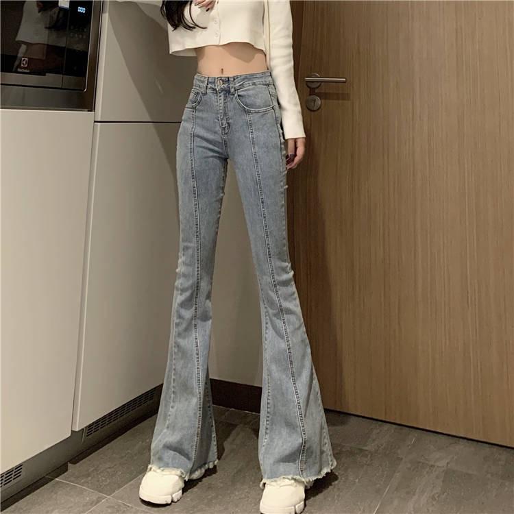 Women Fashion Wide Leg Flared Jeans Denim Comfortable Loose Jeans Zipper Pocket Trousers