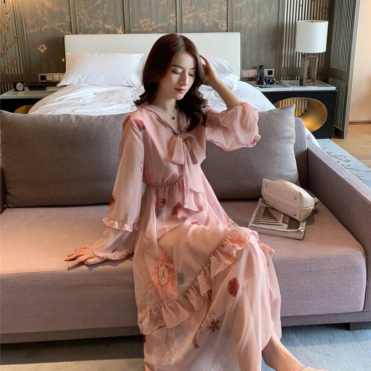 Floral Print V-Neck Casual Dress Women 2020 Summer Long Sleeve A Line High Waist Trapeze  Dresses