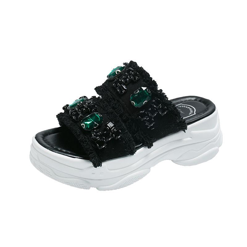 Size35-39 Summer Women Slippers Bohemian Beach Wear-resistant Non-slip Slippers Wedge Platform Rhinestone Sandals Outdoor Crystal High Heels