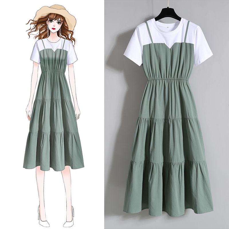 Plus Size Dress Women Summer A-line Long Dress Short-sleeve Pleated Dress