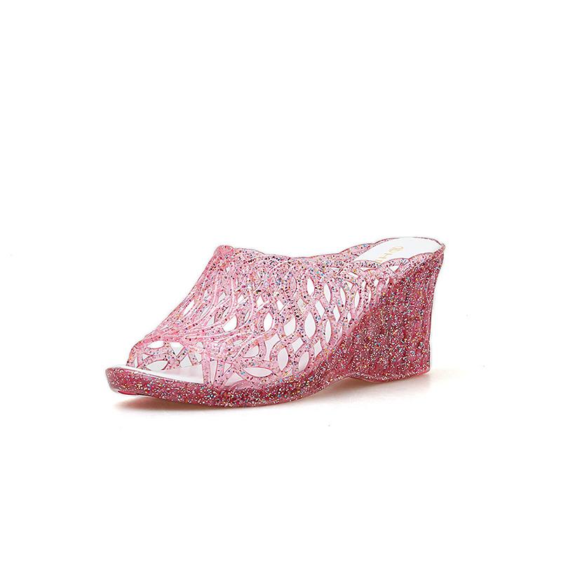Summer Ladies Crystal Thick Bottom Wedges Plastic Sandals Jelly High-heeled Crystal Fashion Mother Non-slip Sandals One Size Smaller