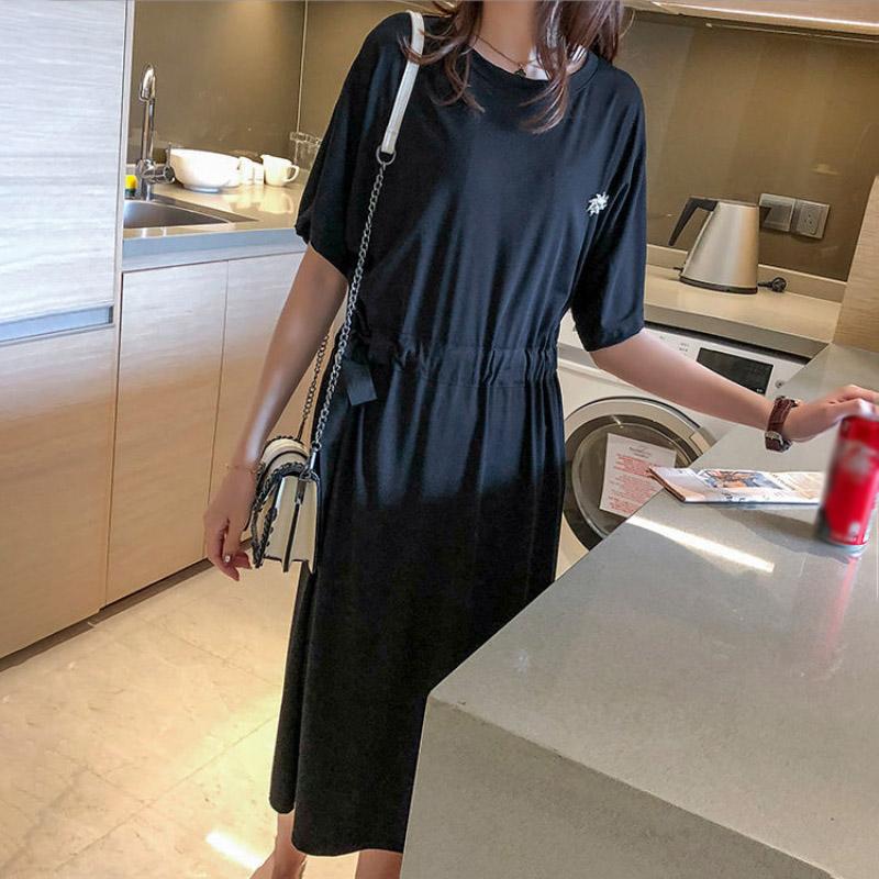 Dress Women's Spring Summer Long Loose Large Size T-shirt Skirt Bandage Waist Slimming Over-the-knee Dress