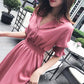 Female Simple and Elegant Chiffon Dress Slim Mid Length Waist Solid Lace V-neck Graceful Dress