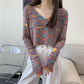 Autumn Rainbow Strip Sweet Sexy V-neck Short Cropped Long-sleeved Sweater Top Women