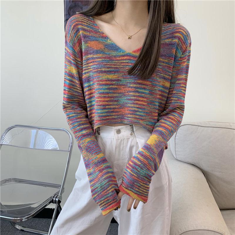 Autumn Rainbow Strip Sweet Sexy V-neck Short Cropped Long-sleeved Sweater Top Women
