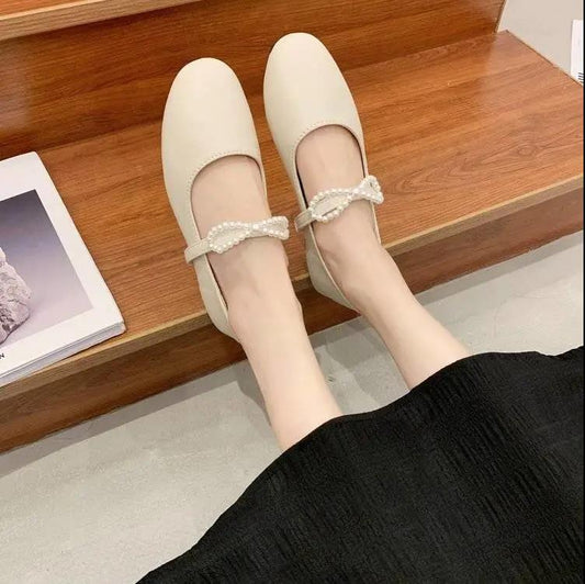 Flat Leather Shoes Women's Pearl Single Shoes Retro Round Toe Mary Jane Word Buckle Shoes Women's Flat Comfortable Round Toe Shoes