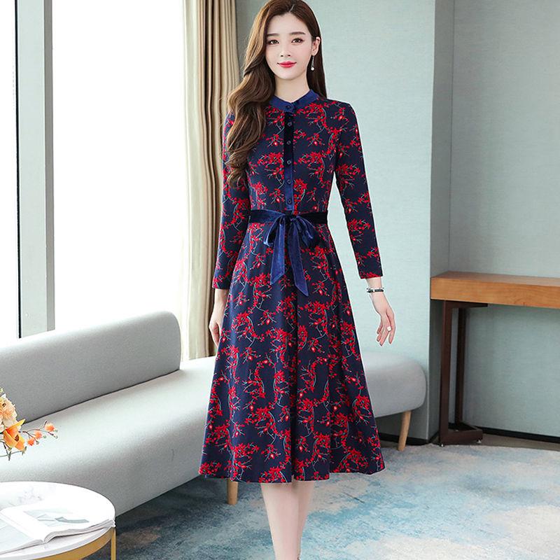 Knitted long skirt floral dress autumn was thin temperament large size women's long-sleeved waist