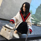 Women's Autumn Lazy Style Sweater Cardigan Loose Long-sleeved V-neck Sweater Stitching Color Sweater Coat Loose and Comfortable