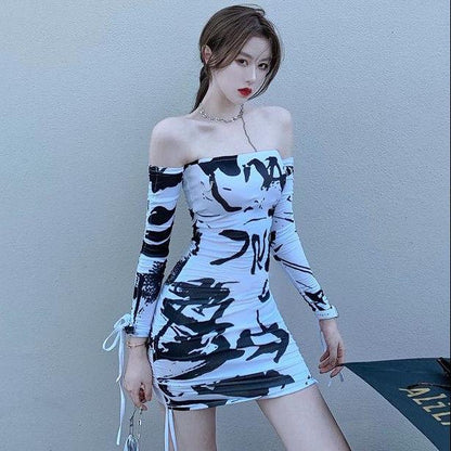 Female One Shoulder Ink Painting Long Sleeve A-line Party Dress Elegant Slim Club Dress