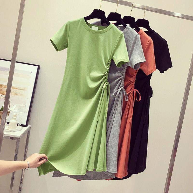 Ladies Mid-length  Round Neck Slim Base Short Sleeve Loose and Casual Solid Color Roped Drawstring Dress