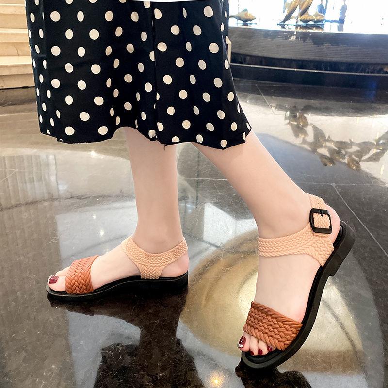 Summer Fashion Imitation Woven Buckle Strap Low heel Ethnic Style Ladies Sandals Slippers Open toe Fish Mouth Sandals Women