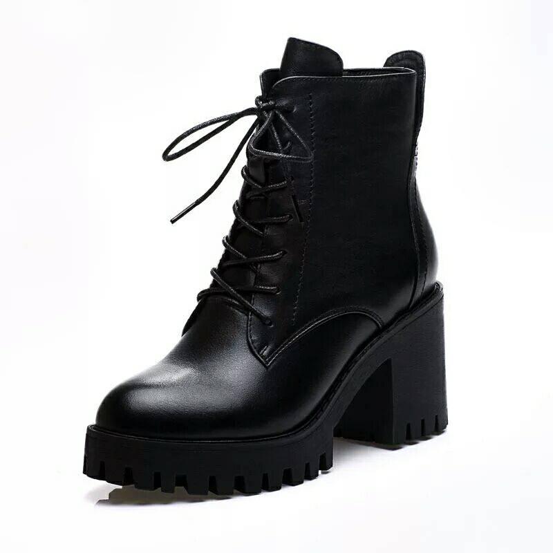 Martin Boots Women Platform Shoes Lace Up Pu Leater Shoes Women Chunky Heels Shoes Woman