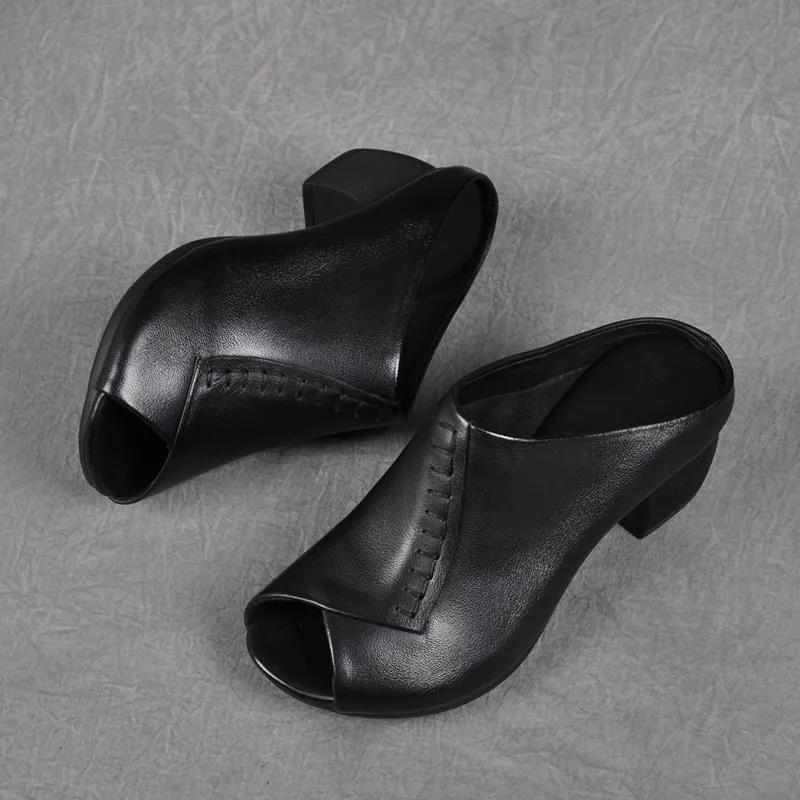 Summer Soft Leather Retro Thick Heel Outer Wear Slippers Fish Mouth Shoes Medium Heel Soft Leather Comfortable Breathable Sandals
