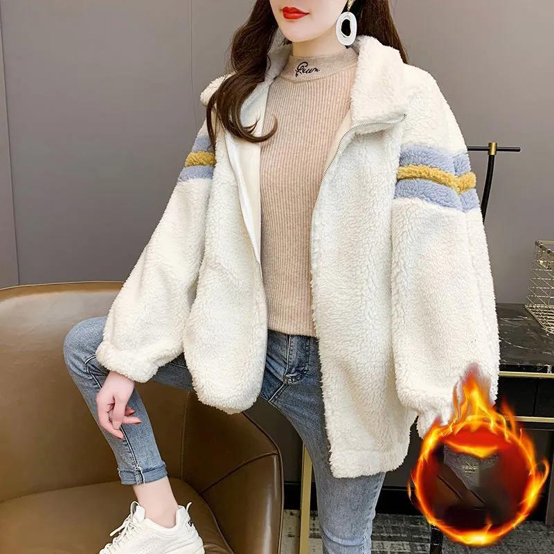 Winter Lamb Wool Coat Korean Loose Stitching Stand Collar Coat Women's Contrast Color Thickening Mid-length Warm Coat