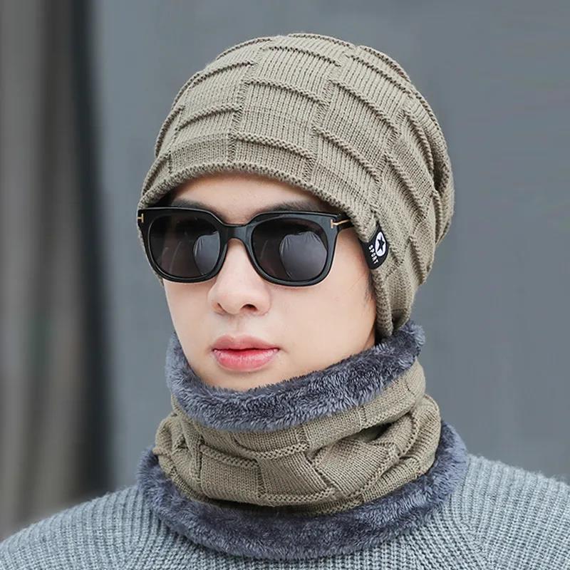 Men's Winter Woolen Hats Korean Fashion Plaid Knitted Hats Warm Knitted Woolen Hats Cold-proof Plus Velvet Cotton Hats