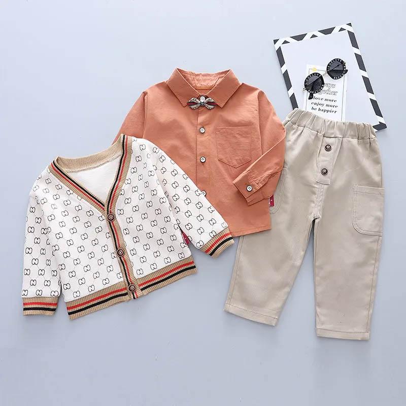 Boys Spring and Autumn Suit Knitted Sweater Coat Shirt Pants Three-piece Set Children Boy Baby Cute Cool Casual Three-piece Set