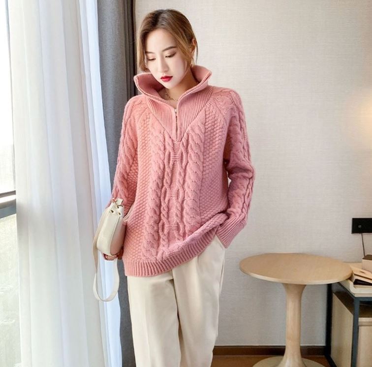 Fleece Half Turtleneck Zip Sweater Loose Lazy Style Thick Outerwear Sweater