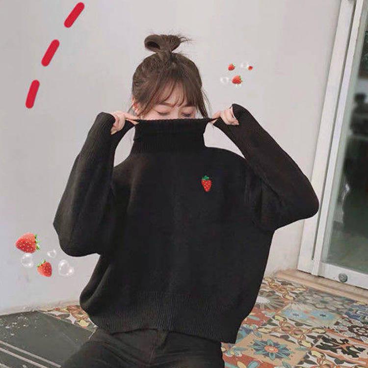 Strawberry Embroidery Sweater Sweet Girl Autumn and Winter Warm Loose Turtleneck Sweater