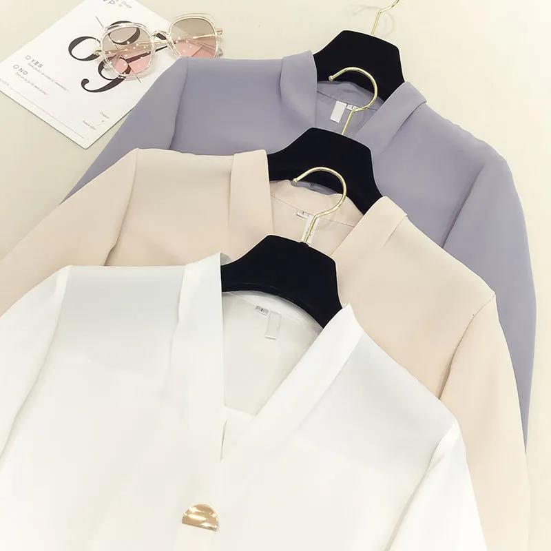 White Shirt Temperament Was Thin V-neck Long-sleeved Loose Solid Color Shirt Female Super Fairy Blouse Work Clothes Suit with Shirt