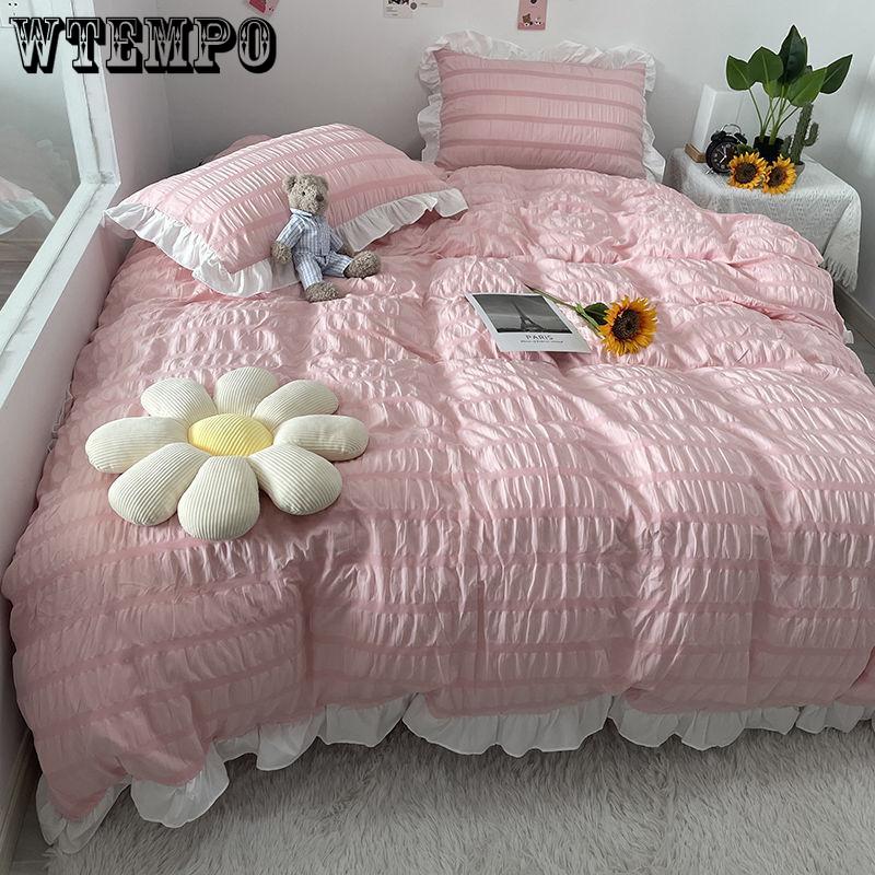 Princess Style Washed Cotton Seersucker Four-piece Solid Color Bedding Quilt Cover Sheet Four Seasons Universal