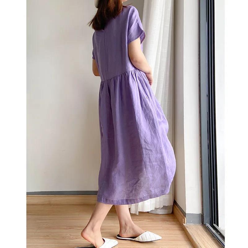Ladies Summer Casual Slim Cotton Dress Mid-length Slim Fit A-line Short Sleeve O-neck High Waist
