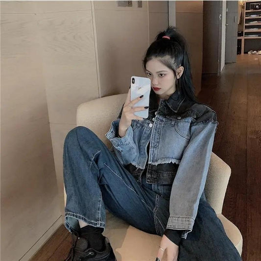 Retro Short Stitching Denim Jacket Women's Spring and Autumn Korean Style Loose All-match Jacket Top
