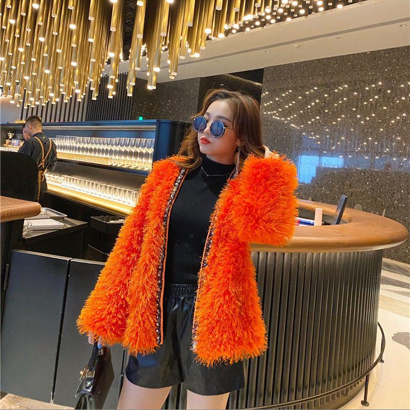 Autumn and Winter Beach-like Wool Fur Coat Women's Mid-length Lamb Fur Coat  Hairy Women's Thin Coat