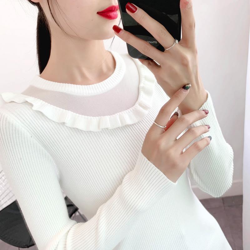 Sweater Women's Ruffled Collar Pullover Knitwear Korean Style Slim Solid Color Top Trendy Sweater Autumn and Winter Lady Style