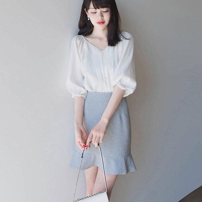 Skirt Suit Half-sleeve Shirt Mermaid Skirt Two-piece Women Skirt Set Ruffled Skirt