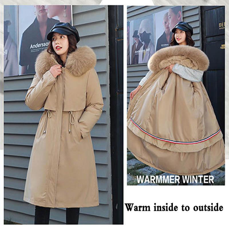 Detachable Women's Mid-length Over-the-knee Large Fur Collar Plus Velvet Padded Coat