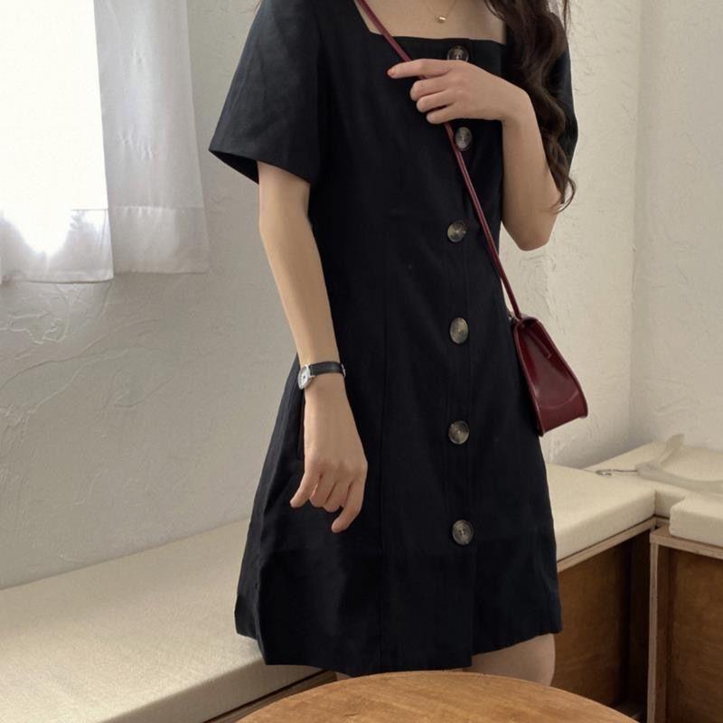 Women's Solid Color Waist Slimming Square Neck Short-sleeved Black Dress Simple Button DressMid-length A-shaped Skirt Age Reduction