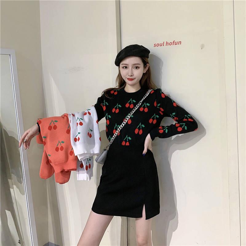 Sweet Cherry Print Loose Slim Was Thin Round Neck Sweater Women's Wild Pullover Sweater