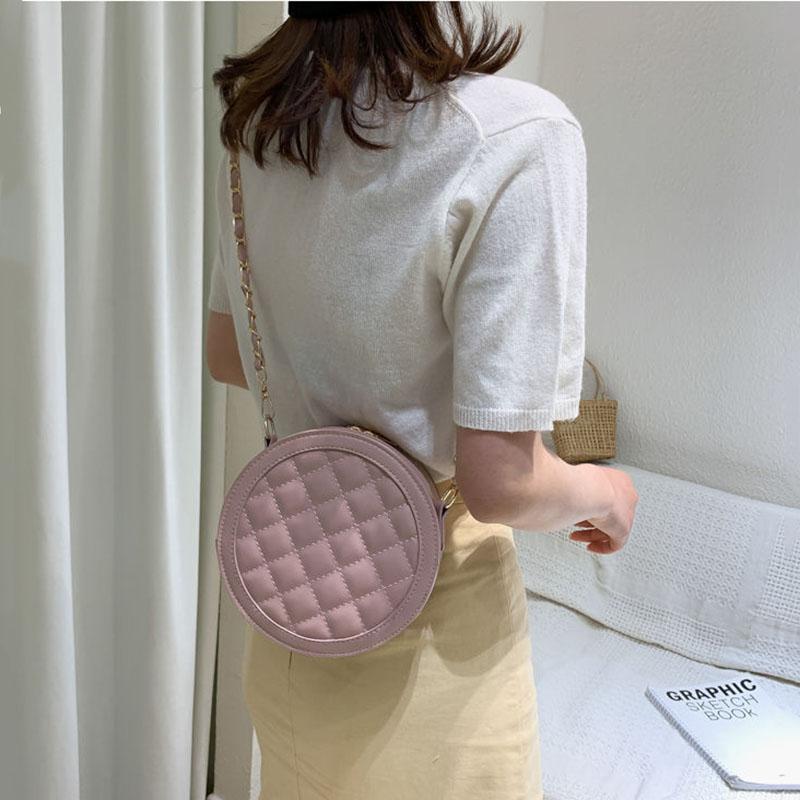 Diamond Lattice Round Bag Metal Chain Pu Leather Messenger Bag Women Outing Trip Large Capacity Crossbody Bags