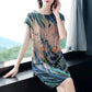 Loose Fat Dress Women's Straight Mid-length Skirt Is Thinner Round Neck Short Sleeve Printed Dress Fabric Is Smooth and Soft