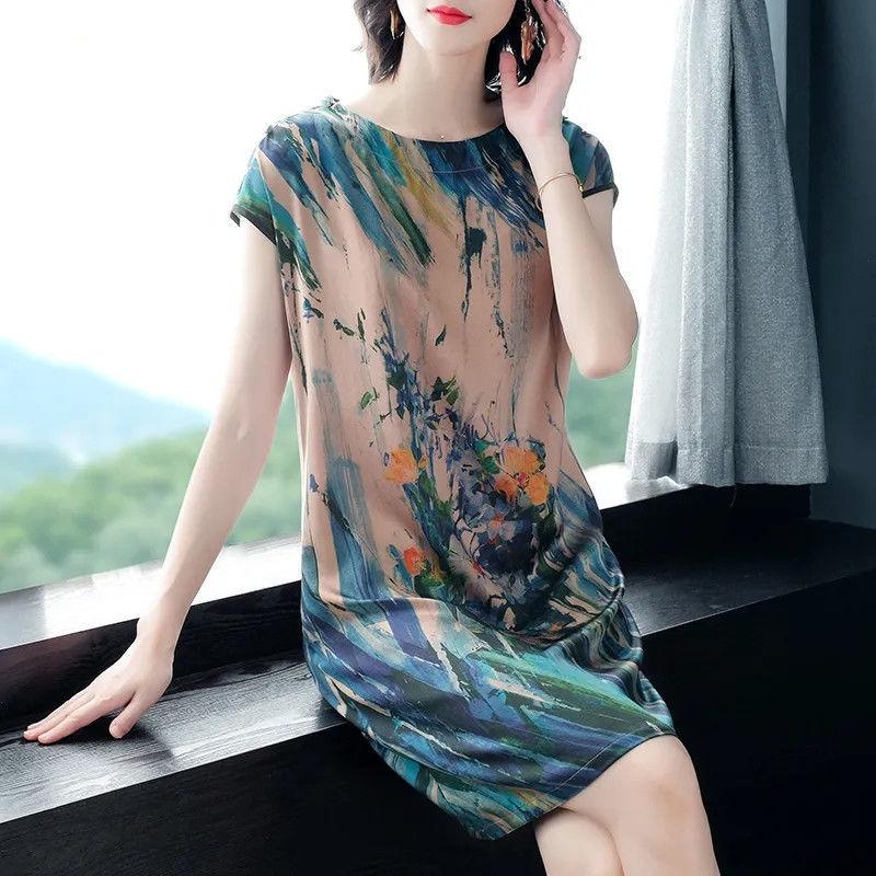 Loose Fat Dress Women's Straight Mid-length Skirt Is Thinner Round Neck Short Sleeve Printed Dress Fabric Is Smooth and Soft