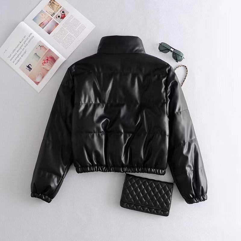 Stand-up Collar Short Street Motorcycle Warmth Loose Imitation Leather Jacket Padded Coat Women