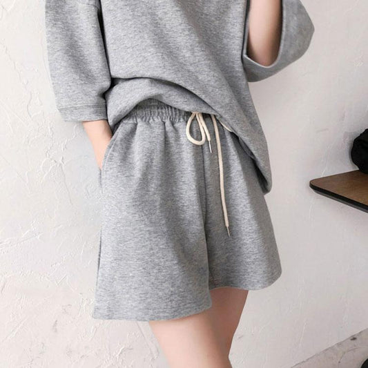 2PCS Ladies Loose Solid Color Short-sleeved Shorts Two-piece Solid Color Casual Sports Suit Fitness Running Set Gym Jogging Suit