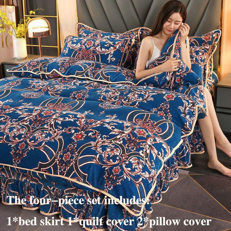 Winter Thick Milk Velvet Four-piece Bed Skirt Plus Velvet Warmth Double-sided Velvet Duvet Cover Bedding Set
