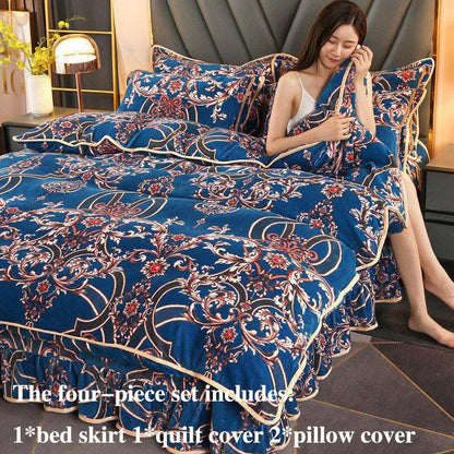 Winter Thick Milk Velvet Four-piece Bed Skirt Plus Velvet Warmth Double-sided Velvet Duvet Cover Bedding Set